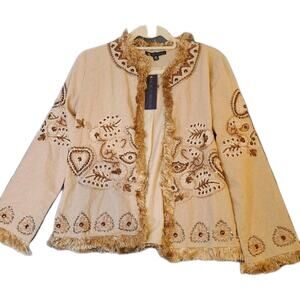 NWT Indigo Moon Khaki Embroidered Lined Jacket Beads Fringe Light Womens XS NWT